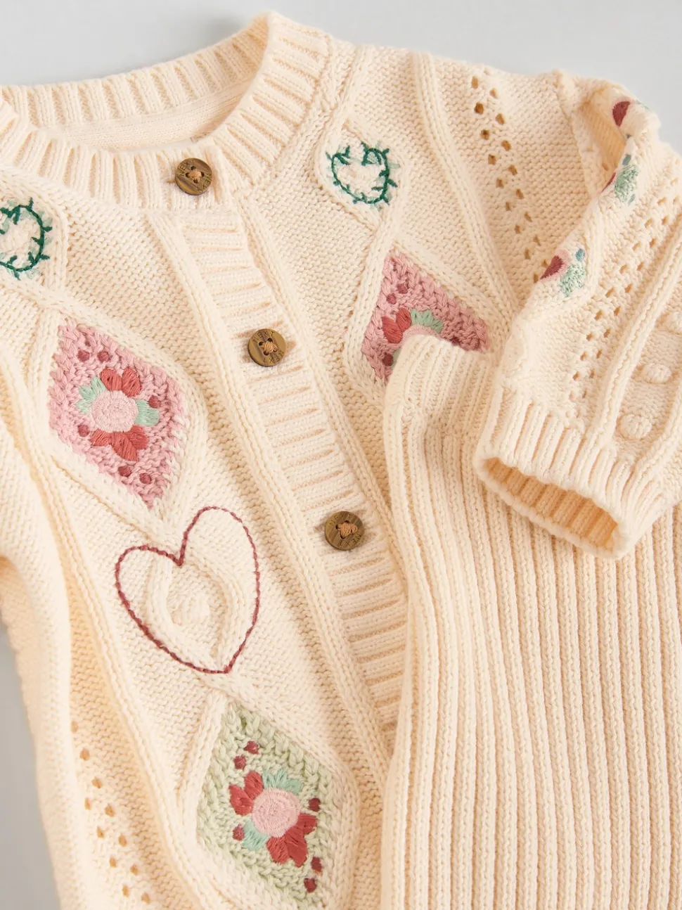 Cream Embroidered Baby Knitted Cardigan and Leggings 2 Piece Set (0mths-3yrs)