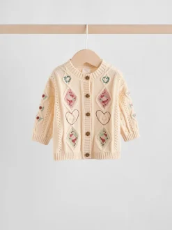 Cream Embroidered Baby Knitted Cardigan and Leggings 2 Piece Set (0mths-3yrs)
