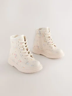 Cream Floral Standard Fit (F) Lace-Up Ankle Boots