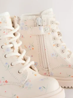 Cream Floral Standard Fit (F) Lace-Up Ankle Boots