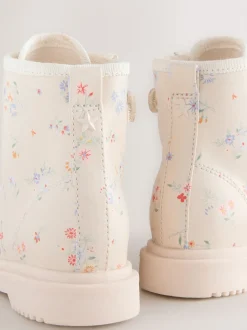 Cream Floral Standard Fit (F) Lace-Up Ankle Boots