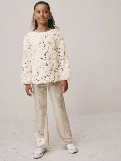 Cream/Gold Fluffy Sequin Top and Flared Leggings Party Set (3-16yrs)