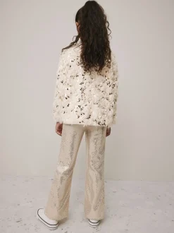 Cream/Gold Fluffy Sequin Top and Flared Leggings Party Set (3-16yrs)
