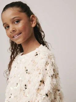 Cream/Gold Fluffy Sequin Top and Flared Leggings Party Set (3-16yrs)