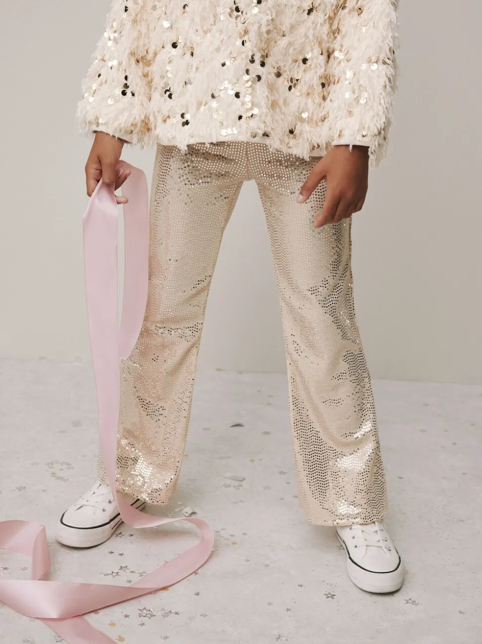 Cream/Gold Fluffy Sequin Top and Flared Leggings Party Set (3-16yrs)