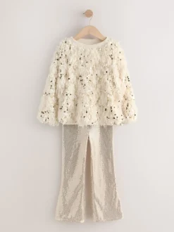 Cream/Gold Fluffy Sequin Top and Flared Leggings Party Set (3-16yrs)