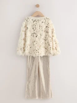 Cream/Gold Fluffy Sequin Top and Flared Leggings Party Set (3-16yrs)