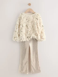 Cream/Gold Fluffy Sequin Top and Flared Leggings Party Set (3-16yrs)