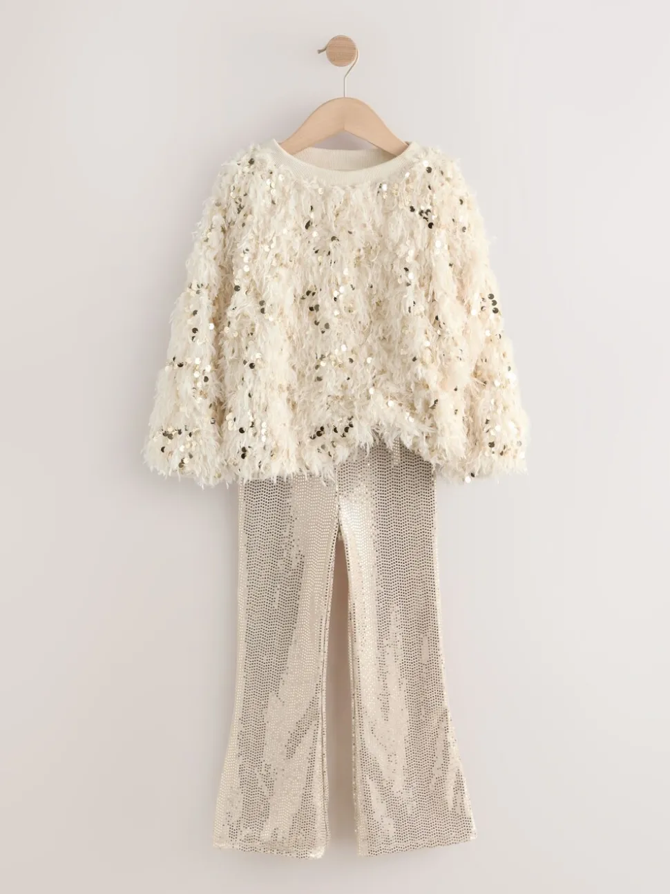 Cream/Gold Fluffy Sequin Top and Flared Leggings Party Set (3-16yrs)