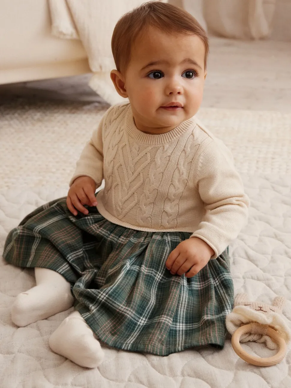 Cream/ Green Check Twofer Knitted Baby Dress (0mths-2yrs)