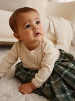 Cream/ Green Check Twofer Knitted Baby Dress (0mths-2yrs)