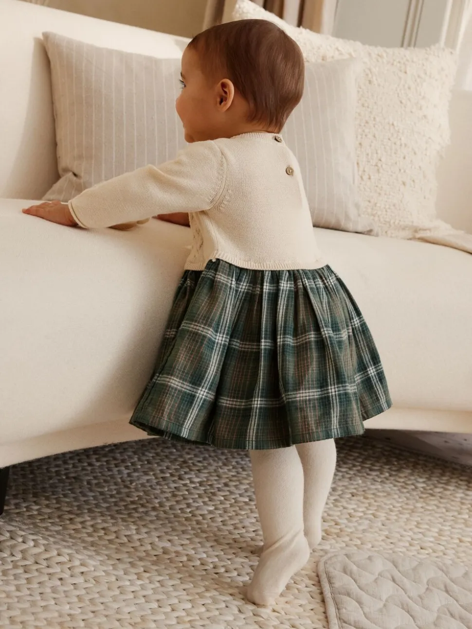 Cream/ Green Check Twofer Knitted Baby Dress (0mths-2yrs)