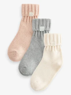 Cream,Grey and Neutral 3 Pack Cotton Rich Roll Top Ankle Socks