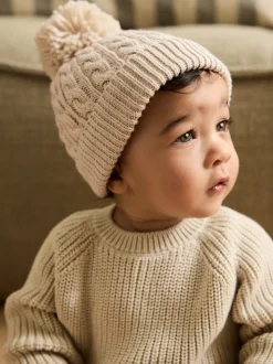 Cream Knitted Cable Pom Beanie