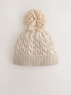 Cream Knitted Cable Pom Beanie