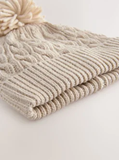 Cream Knitted Cable Pom Beanie