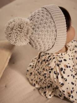 Cream Knitted Pom Waffle Baby Hat