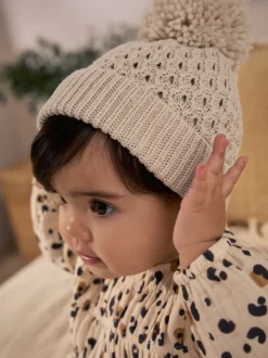 Cream Knitted Pom Waffle Baby Hat