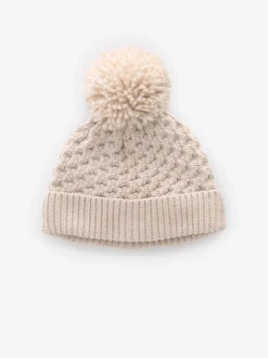 Cream Knitted Pom Waffle Baby Hat