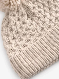 Cream Knitted Pom Waffle Baby Hat