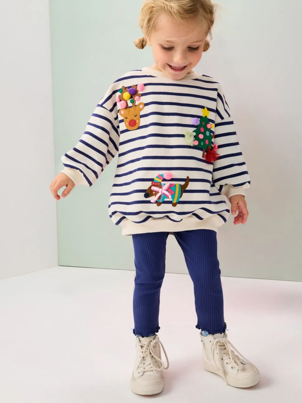 Cream/Navy Stripe Christmas Sweatshirt & Leggings Set (3mths-7yrs)