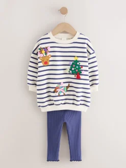 Cream/Navy Stripe Christmas Sweatshirt & Leggings Set (3mths-7yrs)