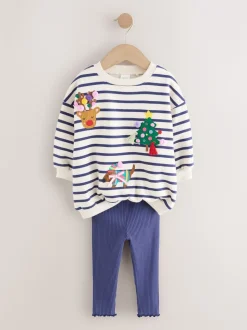 Cream/Navy Stripe Christmas Sweatshirt & Leggings Set (3mths-7yrs)