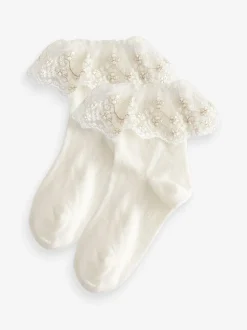 Cream 2 Pack Cotton Rich Flower Girl Ruffle Ankle Socks