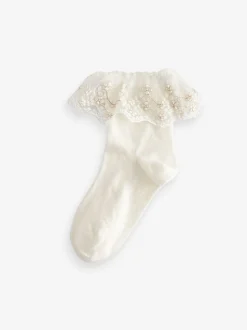 Cream 2 Pack Cotton Rich Flower Girl Ruffle Ankle Socks