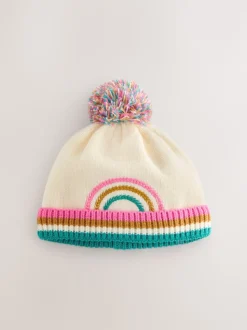 Cream Rainbow Embroidered Baby Knitted Pom Hat (0mths-2yrs)