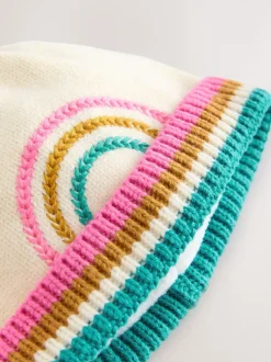 Cream Rainbow Embroidered Baby Knitted Pom Hat (0mths-2yrs)