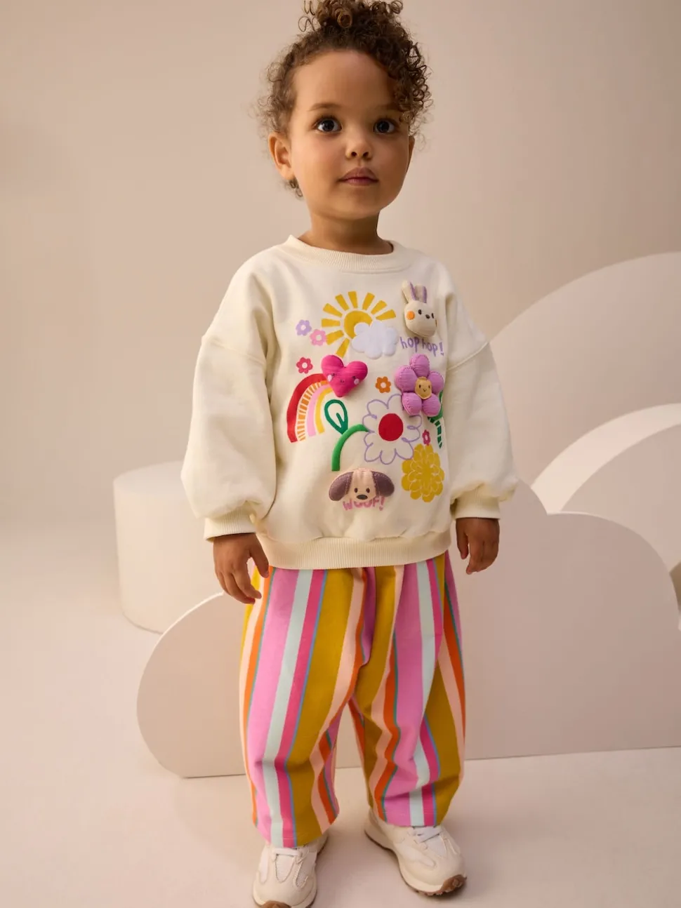 Cream Stripe Padded Characters Sweatshirt and Barrel Leg Joggers Set (3mths-7yrs)