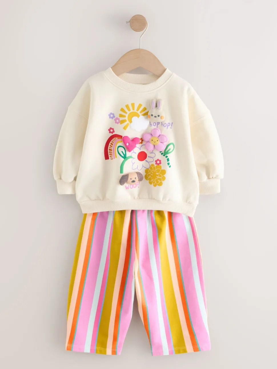 Cream Stripe Padded Characters Sweatshirt and Barrel Leg Joggers Set (3mths-7yrs)