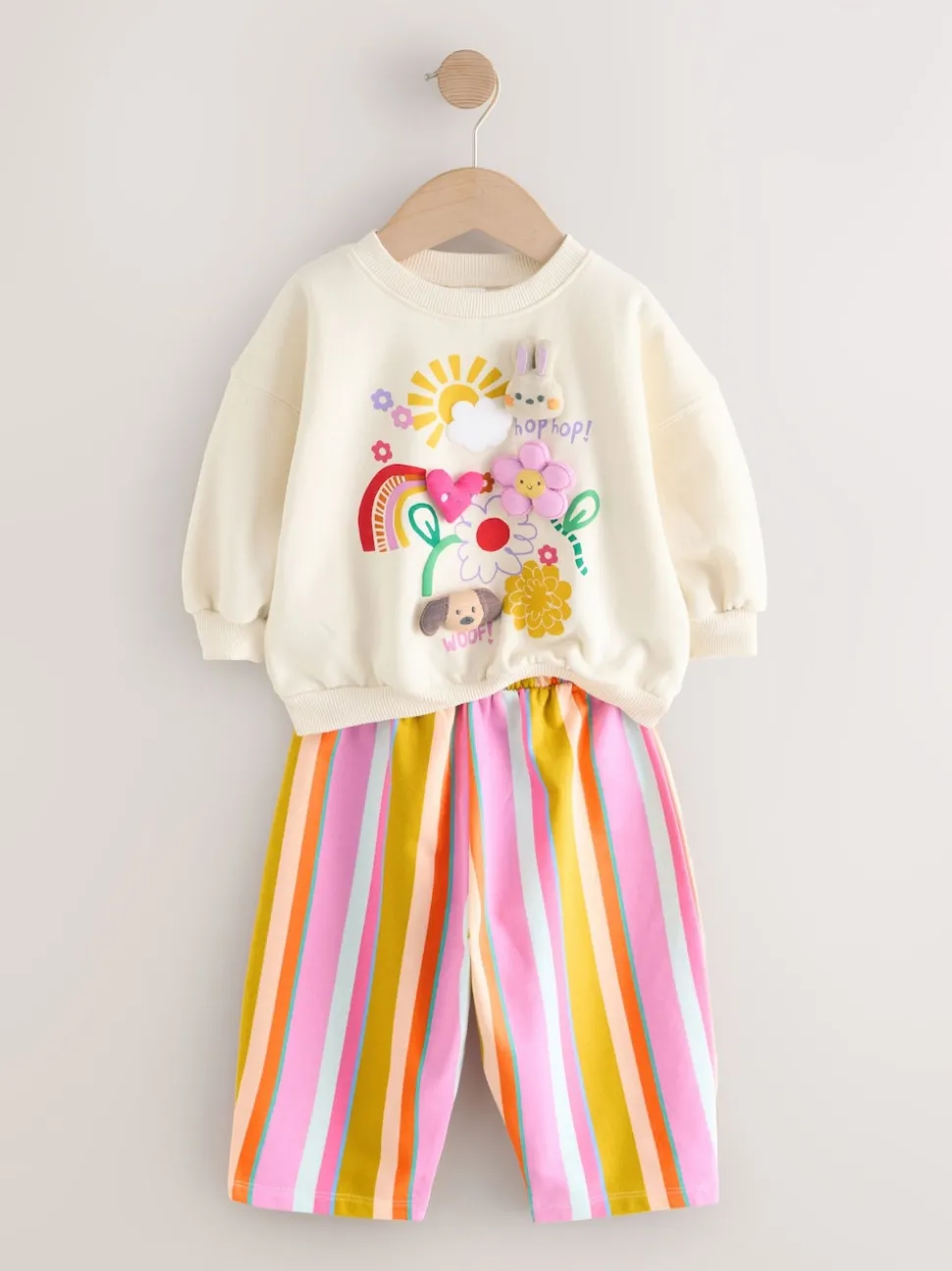 Cream Stripe Padded Characters Sweatshirt and Barrel Leg Joggers Set (3mths-7yrs)