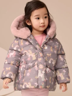 Damson Unicorn Shower Resistant Faux Fur Trim Padded Coat (3mths-7yrs)