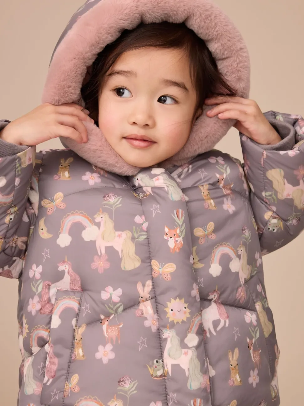Damson Unicorn Shower Resistant Faux Fur Trim Padded Coat (3mths-7yrs)