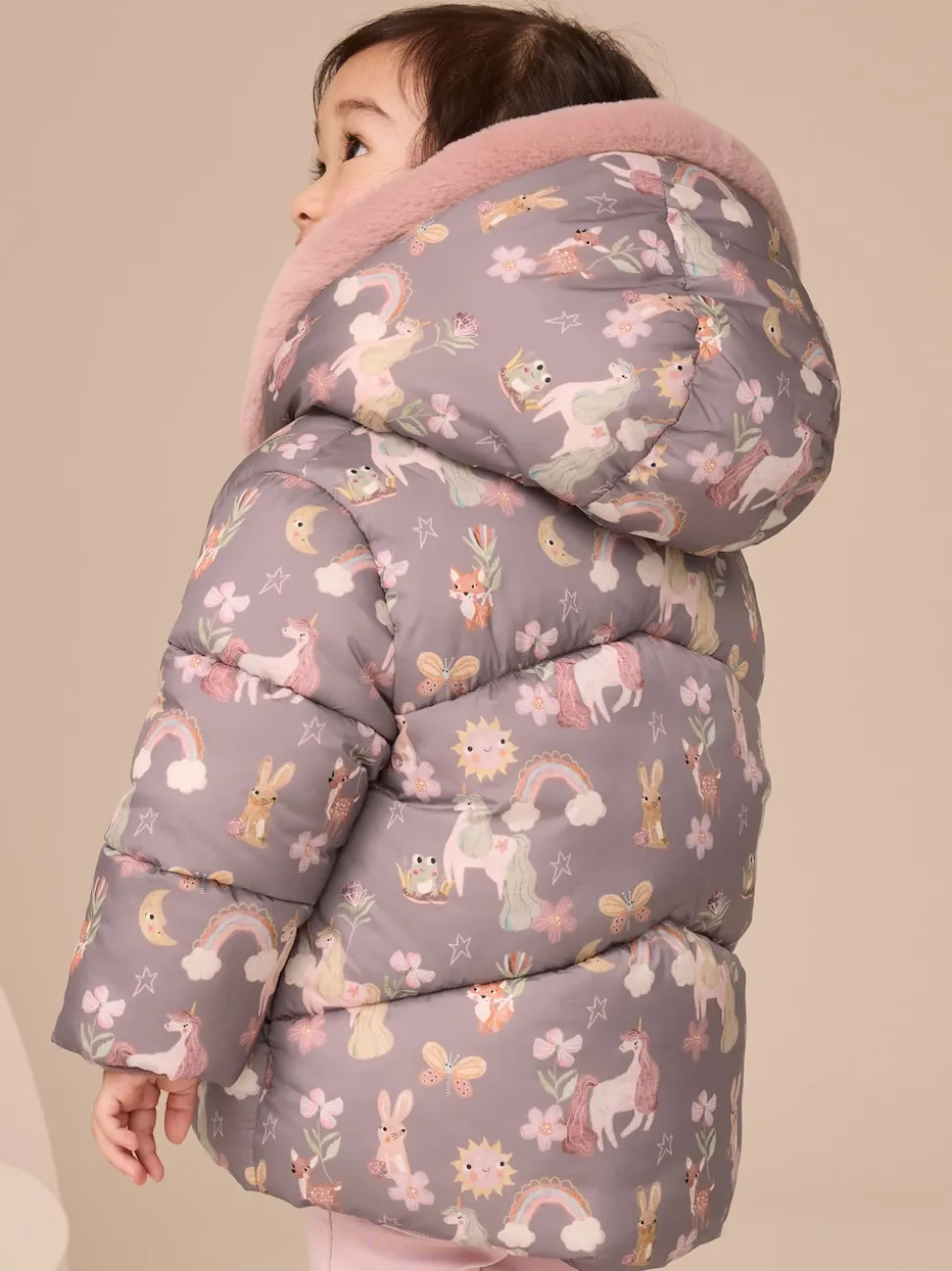 Damson Unicorn Shower Resistant Faux Fur Trim Padded Coat (3mths-7yrs)