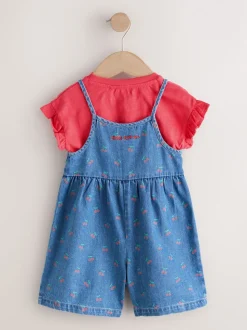 Dark Blue Cherry Printed Denim Playsuit and T-Shirt (3mths-7yrs)