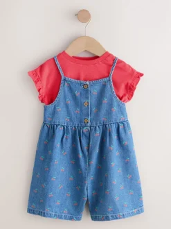 Dark Blue Cherry Printed Denim Playsuit and T-Shirt (3mths-7yrs)