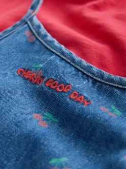 Dark Blue Cherry Printed Denim Playsuit and T-Shirt (3mths-7yrs)