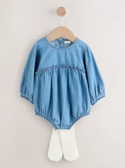 Denim Blue Baby Bloomer Rompers Set 2 Piece with Tights (0mths-3yrs)