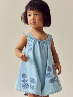 Denim 100% Cotton Flower Embroidered Playsuit (3mths-7yrs)