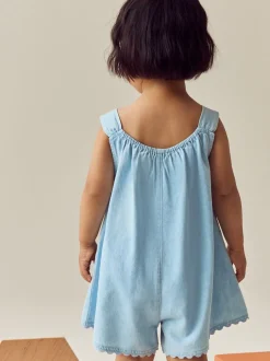 Denim 100% Cotton Flower Embroidered Playsuit (3mths-7yrs)