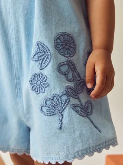 Denim 100% Cotton Flower Embroidered Playsuit (3mths-7yrs)