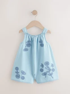 Denim 100% Cotton Flower Embroidered Playsuit (3mths-7yrs)