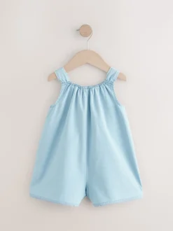 Denim 100% Cotton Flower Embroidered Playsuit (3mths-7yrs)