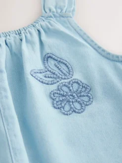 Denim 100% Cotton Flower Embroidered Playsuit (3mths-7yrs)