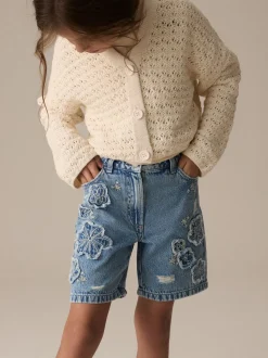 Denim 100% Cotton Knitted Flower Shorts (3-16yrs)