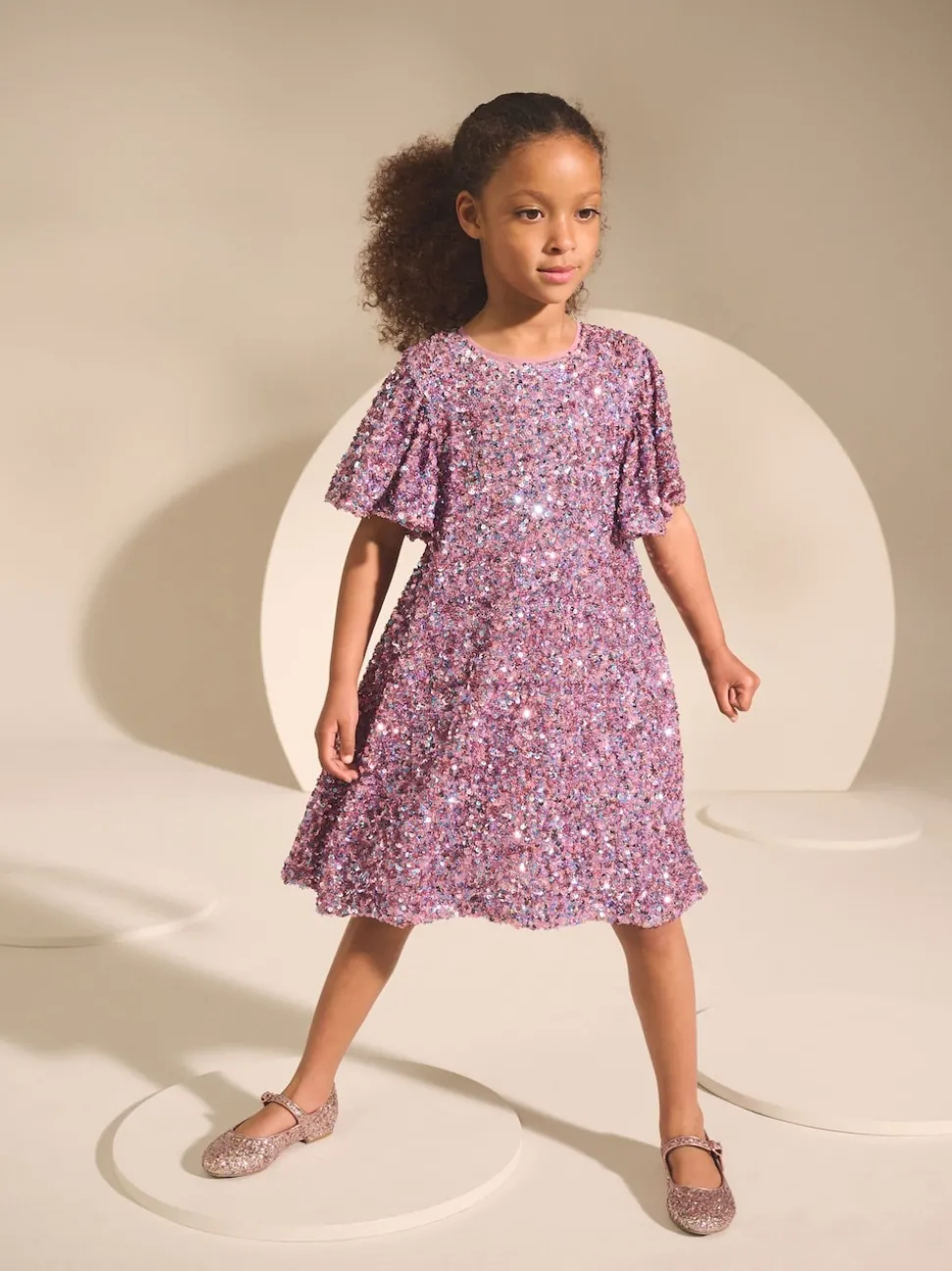 Dusky Pink Angel Sleeve Sequin Party Dress (3-16yrs)