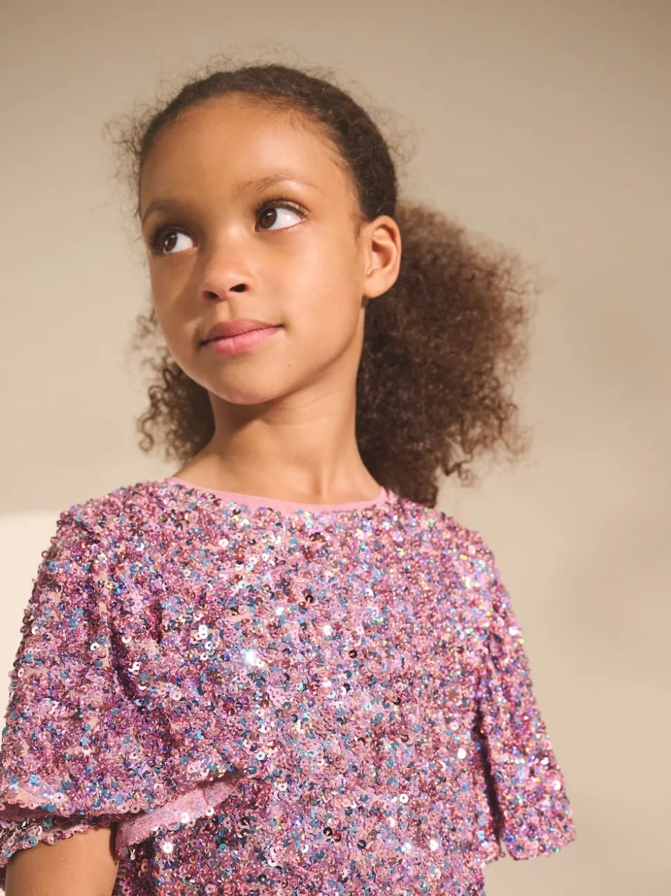 Dusky Pink Angel Sleeve Sequin Party Dress (3-16yrs)